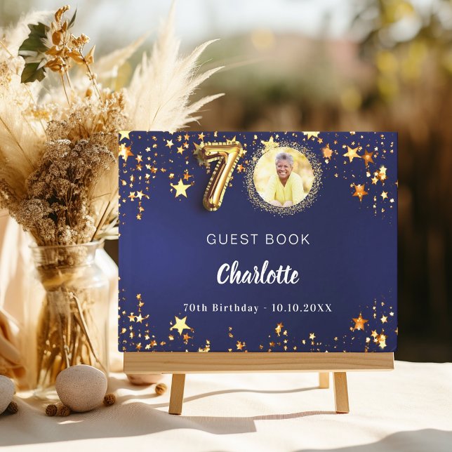 70th Birthday navy blue gold stars photo Guest Book (Creator Uploaded)