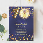 70th birthday navy blue gold stars photo luxury invitation<br><div class="desc">A modern,  stylish photo invitation for a 70th birthday party.  A navy blue background,  decorated with golden stars. The blue colour is uneven. Personalise and add your photo and party details.</div>