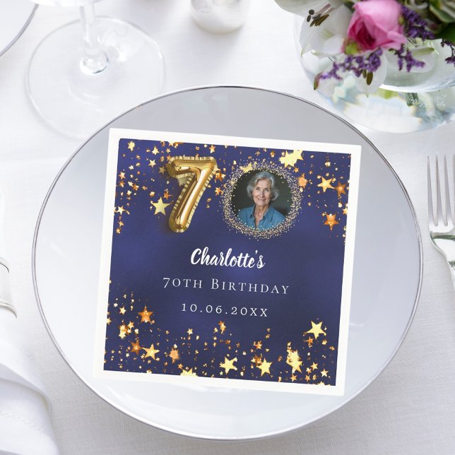 70th birthday navy blue gold stars photo napkin (Creator Uploaded)