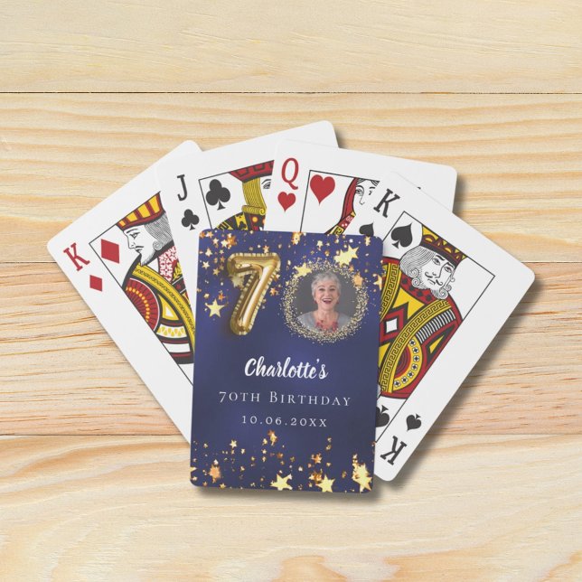 70th birthday navy blue gold stars photo playing cards (Creator Uploaded)