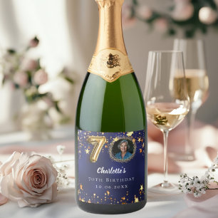 70th birthday navy blue gold stars photo sparkling wine label