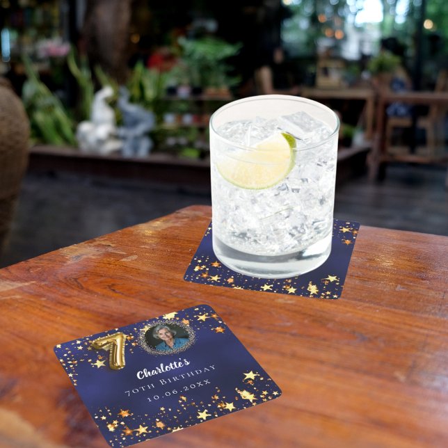 70th birthday navy blue gold stars photo square paper coaster (Creator Uploaded)