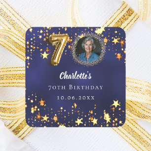 70th birthday navy blue gold stars photo square sticker