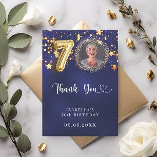 70th birthday navy blue gold stars photo thank you card