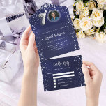 70th Birthday navy blue photo silver stars rsvp All In One Invitation<br><div class="desc">A navy blue background,  decorated with stars. The blue colour is uneven.  Personalise and add a photo,  name,  party details,  RSVP date,  return address and name.</div>