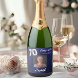 70th Birthday navy blue photo Sparkling Wine Label<br><div class="desc">A navy blue background. The blue colour is uneven.  Personalise and add a date,  name and a photo.  Age number written with a faux silver looking balloon style font.</div>