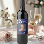 70th Birthday navy blue photo Wine Label<br><div class="desc">A navy blue background. The blue colour is uneven.  Personalise and add a date,  name and a photo.  Age number written with a faux silver looking balloon style font.</div>