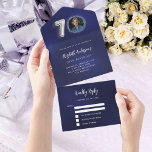 70th Birthday navy blue silver photo rsvp All In One Invitation<br><div class="desc">A navy blue background. The blue colour is uneven.  Personalise and add a photo,  name,  party details,  RSVP date,  return address and name.  Number 70 is written with a balloon style font in faux silver.</div>