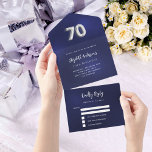70th Birthday navy blue silver rsvp All In One Invitation<br><div class="desc">A navy blue background. The blue colour is uneven.  Personalise and add name,  party details,  RSVP date,  return address and name.  Number 70 is written with a balloon style font in faux silver.</div>