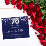 70th birthday navy blue silver save date card<br><div class="desc">A girly and trendy Save the Date for a 70th birthday party. A navy blue coloured background. Decorated with faux silver stars. The text: Save the Date is written with a large trendy hand lettered style script. Number 70 is written with a balloon style font.</div>