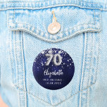 70th birthday navy blue silver stars 3 cm round badge<br><div class="desc">For a 70th birthday party. A navy blue background colour with faux silver stars. The blue colour is uneven.  Add your name,  text.
Can be used as a Save the Date reminder for your guests,  party favour or as a keepsake.</div>