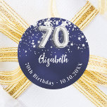 70th birthday navy blue silver stars classic round sticker<br><div class="desc">A sticker for a 70th birthday party. A navy blue background colour with faux silver stars. The blue colour is uneven.  Add your name,  text.</div>
