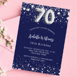 70th birthday navy blue silver stars invitation postcard<br><div class="desc">A modern,  stylish and glamourous invitation for a 70th birthday party.  A navy blue background,  decorated with faux silver stars. Personalise and add your name and party details.  Number 70 is written with a balloon style font.</div>