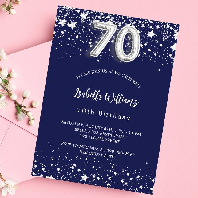 70th birthday navy blue silver stars luxury invitation (Creator Uploaded)