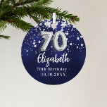70th birthday navy blue silver stars metal tree decoration<br><div class="desc">A navy blue background colour with faux silver stars. The blue colour is uneven.  Add your name,  text/date</div>