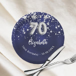 70th Birthday navy blue silver stars Paper Plate<br><div class="desc">For a 70th birthday celebration. A navy blue background colour with faux silver stars. The blue colour is uneven.  Add your name,  text.</div>