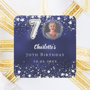 70th birthday navy blue silver stars photo square sticker