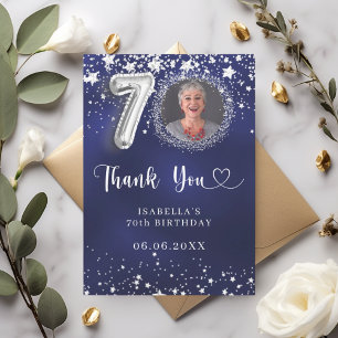 70th birthday navy blue silver stars photo thank you card