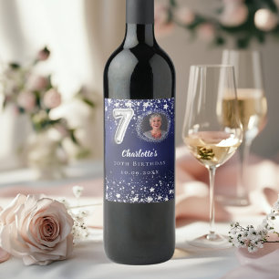 70th birthday navy blue silver stars photo wine label