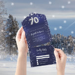 70th birthday navy blue silver stars rsvp all in one invitation<br><div class="desc">A navy blue background,  decorated with stars. The blue colour is uneven.  Personalise and add names,  party details,  RSVP date,  return address and name.  Number 70 is written with a balloon style font.</div>