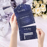 70th Birthday navy blue silver stars rsvp All In One Invitation<br><div class="desc">A navy blue background,  decorated with stars. The blue colour is uneven.  Personalise and add name,  party details,  RSVP date,  return address and name. Ninety is written with a heart.</div>