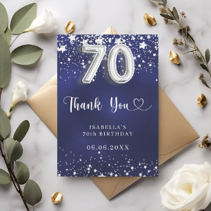 70th birthday navy blue silver stars thank you card