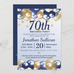 70th Birthday Navy Gold Balloons Party Invitation