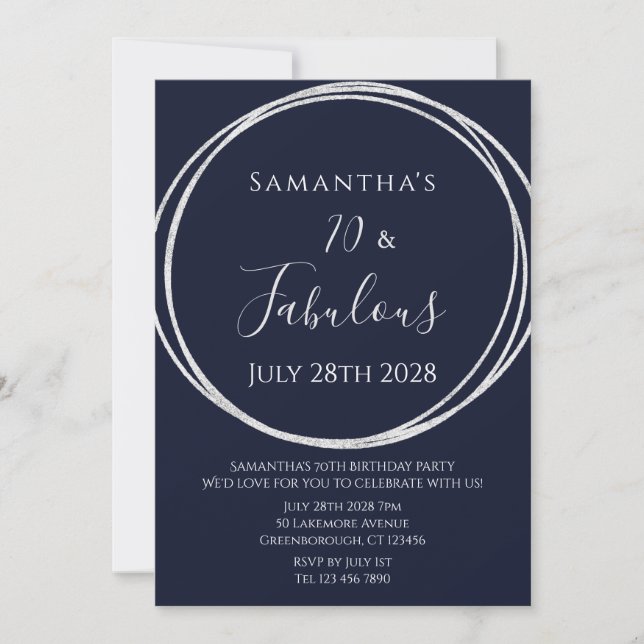 70th Birthday Navy Silver Birthday Invitation (Front)