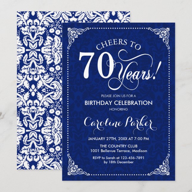 70th Birthday - Navy White Damask Invitation (Front/Back)