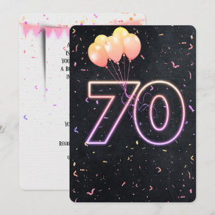 70th Birthday Neon Sign On Black Invitation