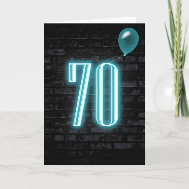 70th Birthday Neon Sign on Brick  Card (Front)