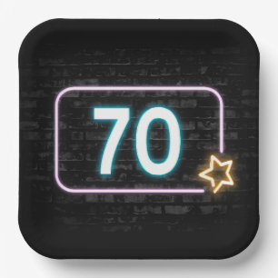 70th Birthday Neon Sign On Brick  Paper Plate
