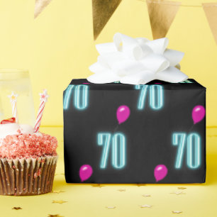 70th Birthday Neon Sign with Balloon   Wrapping Paper