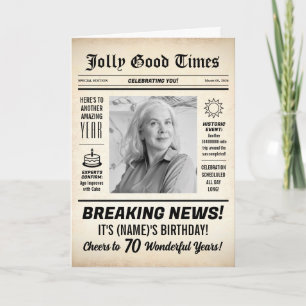 70th Birthday Newspaper, Add Photo, Personalised Card