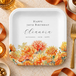 70th Birthday November Birth Flower Chrysanthemum Paper Plate