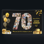 70th Birthday Number 70 Photo Collage Black Gold Banner<br><div class="desc">Make a big statement on their big day with this Custom Photo Collage Birthday Party Banner. Turn your favorite memories into a stunning visual celebration. Featuring a bold number-shaped photo collage, this design allows you to showcase a lifetime of highlights or the best moments from the past year. Whether it’s...</div>