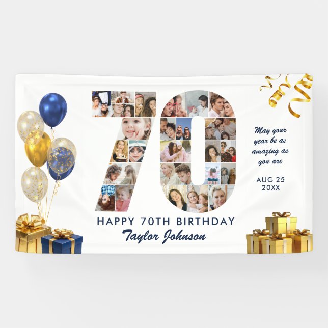 70th Birthday Number 70 Photo Collage White Gold Banner (Horizontal)
