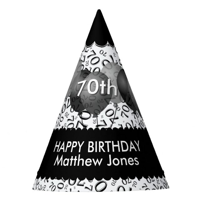 70th Birthday Number Pattern Black/White Scallops Party Hat (Front)