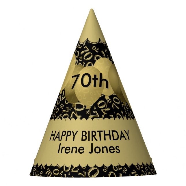 70th Birthday Number Pattern Gold/Black Scallops Party Hat (Front)
