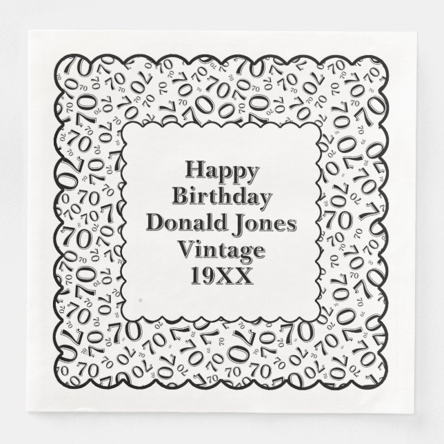 70th Birthday Number Pattern Scallops Black/White Napkin (Front)