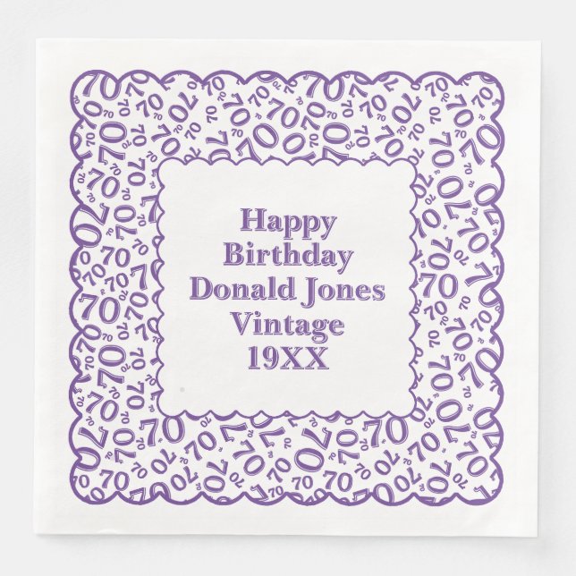 70th Birthday Number Pattern Scallops Purple/White Napkin (Front)