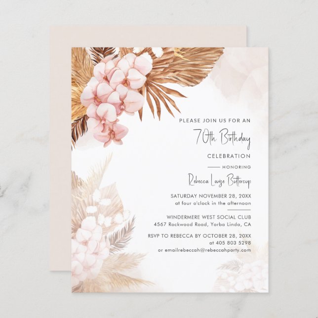 70th Birthday Pampas Grass Floral Party Invitation (Front/Back)