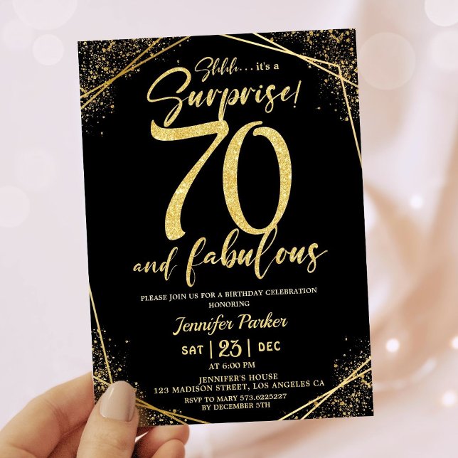 70th Birthday Party 70 Fabulous Black Gold Glitter Invitation (Creator Uploaded)