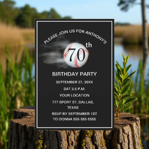 70th Birthday Party Baseball Black Dad Sport  Invitation