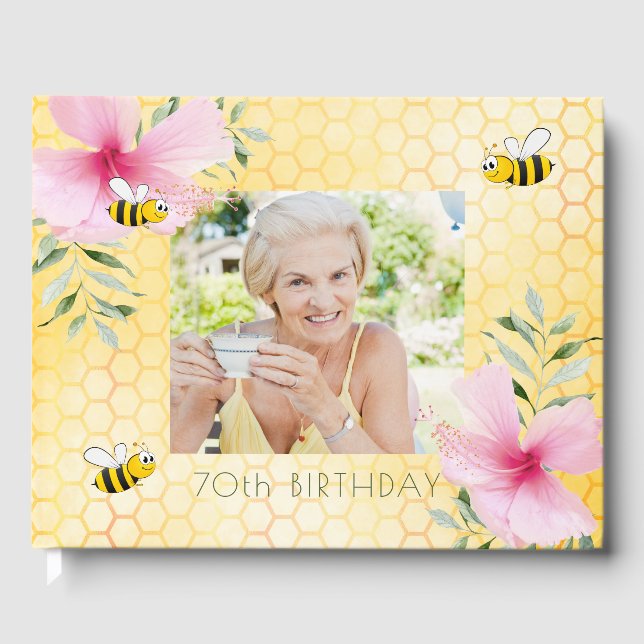70th birthday party bees honeycomb floral photo guest book (Front)
