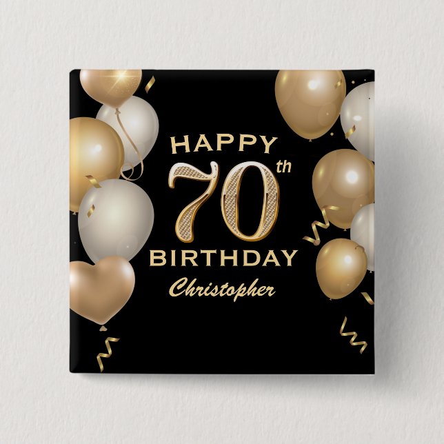 70th Birthday Party Black and Gold Balloons 15 Cm Square Badge (Front)