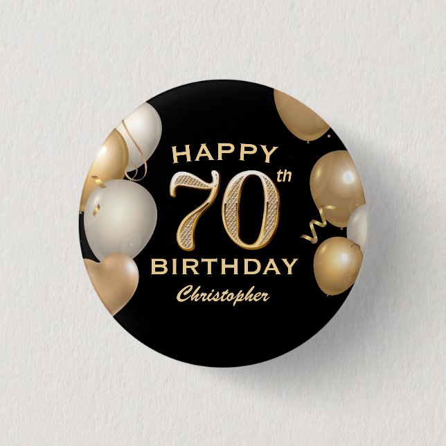 70th Birthday Party Black and Gold Balloons 3 Cm Round Badge (Front)