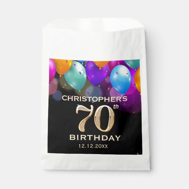 70th Birthday Party Black and Gold Balloons Favour Bags (Front)