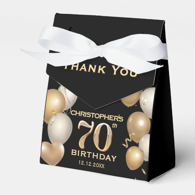 70th Birthday Party Black and Gold Balloons Favour Box (Front Side)