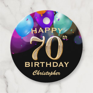 70th Birthday Party Black and Gold Balloons Favour Tags